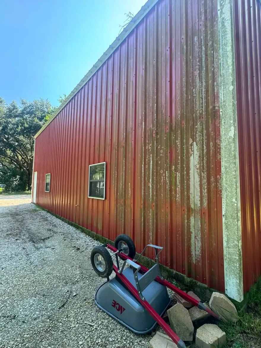 Metal siding & white trim — soft washed — before